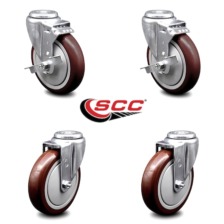 Service Caster 5 Inch Maroon Polyurethane Wheel Swivel Bolt Hole Caster Set with 2 Brake SCC SCC-BH20S514-PPUB-MRN-TLB-2-S-2